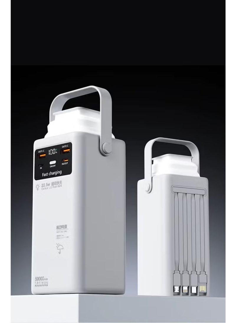 50,000mAh Power Bank with Digital Display, 22.5W Fast Charging, Dual USB & Dual Type-C Ports, 4 Built-in Cables (USB/Lightning/Type-C/Mini USB), LED Light, High-Capacity Portable Charger for Camping, Travel & Multi-Device Use – White - Image 1